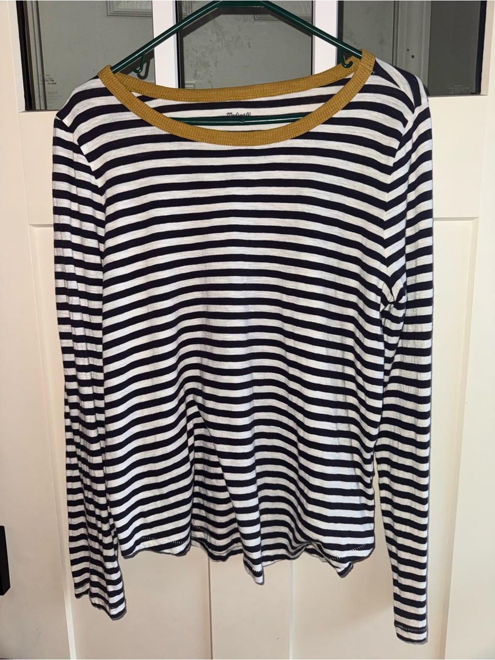 Madewell Navy & White Striped Long-Sleeve Top with Mustard Neckline